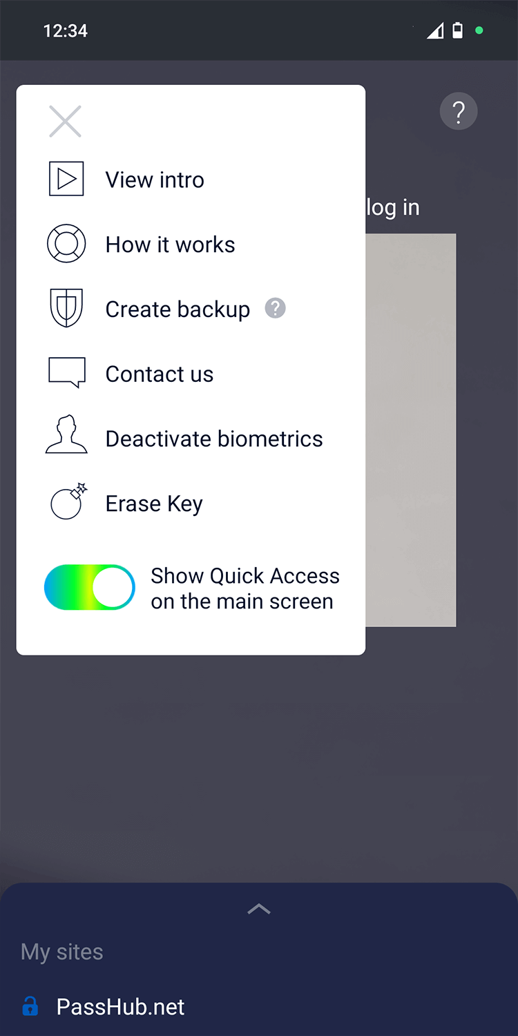 WWPass Key app menu
